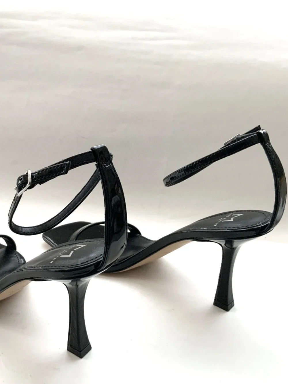 MARC FISHER Jalina Black Patent Leather Square Toe Ankle Strap High Heel Sandals
